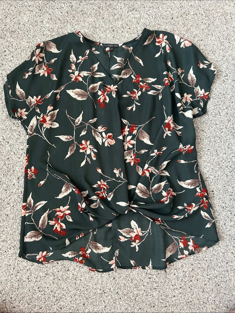 West Kei Dark Green Floral Twist-Front Blouse with Red & Cream Blossoms